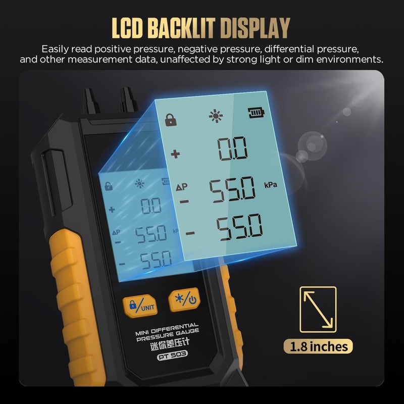 LUTIFIX مقياس ضغط مزدوج المنافذ لاختبار ضغط الغاز HVAC مع 7 محولات، 6 وحدات تحويل، وظيفة تثبيت البيانات وشاشة عرض مضاءة، -100 إلى 200 كيلوباسكال، تصميم محمول، PT503 - Image 4